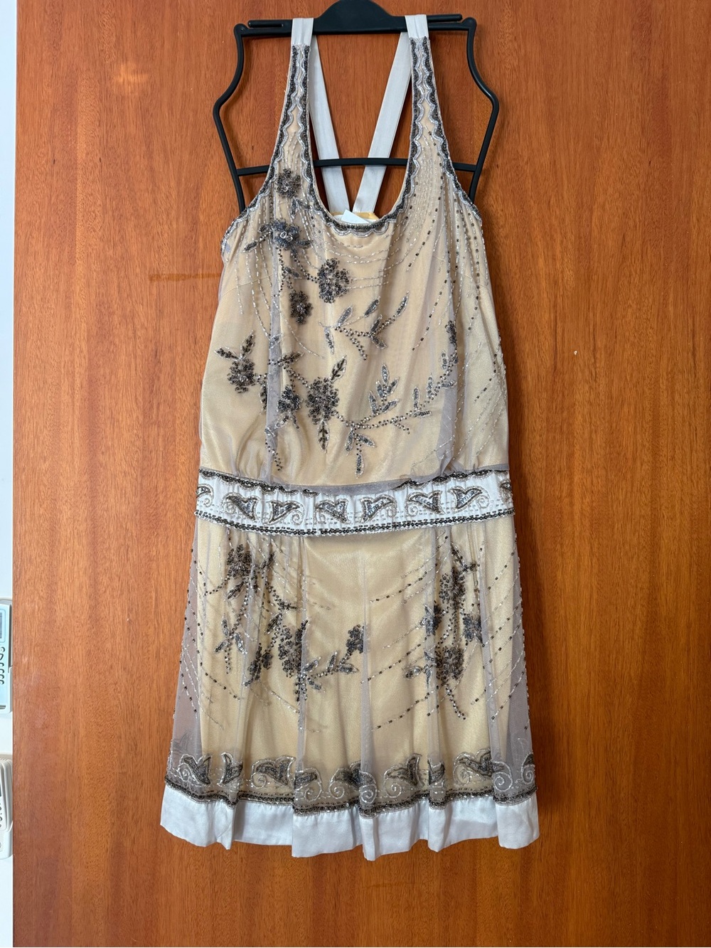 Sue Wong Champagne and Black Beaded Midi Dress